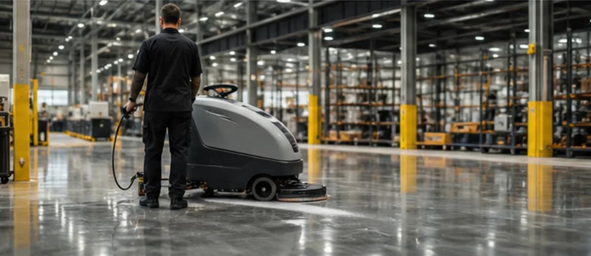 Nettoyage d'un sol industriel dans un grand entrepot