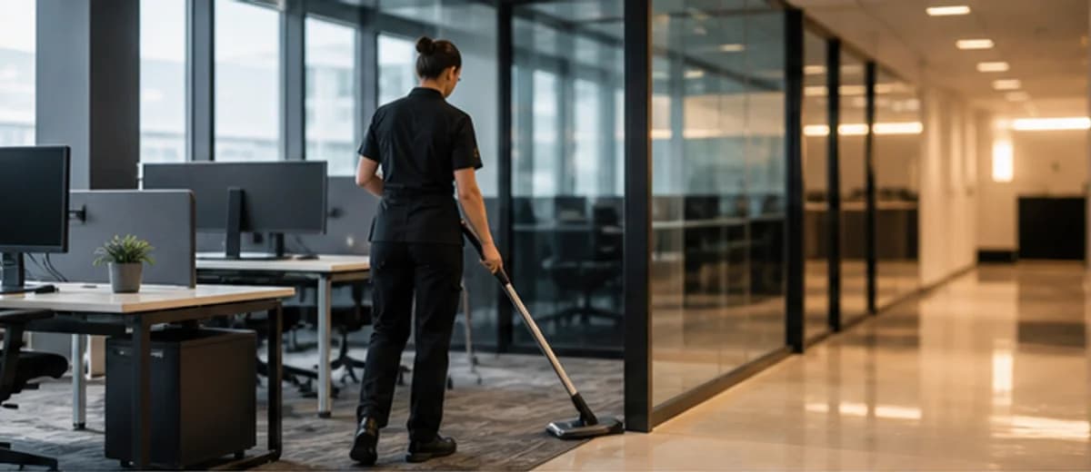 Nettoyage professionnel dans un bureau moderne avec parois vitrees